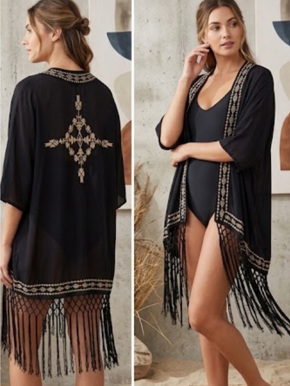 🥑World Market Boho Embroidered Fringe Kimono Wrap Cover Up Black Tan Resortwear